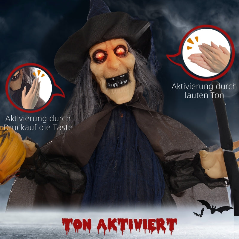 Halloween Witch Decoration, Broom, Glowing Eyes, Spooky Sounds, Flexible Arms