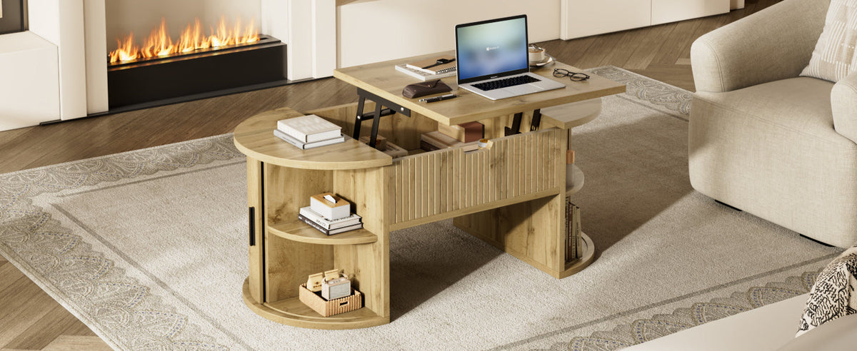 Modern Height-Adjustable Coffee Table with Hidden Storage and Sliding Doors, Wood