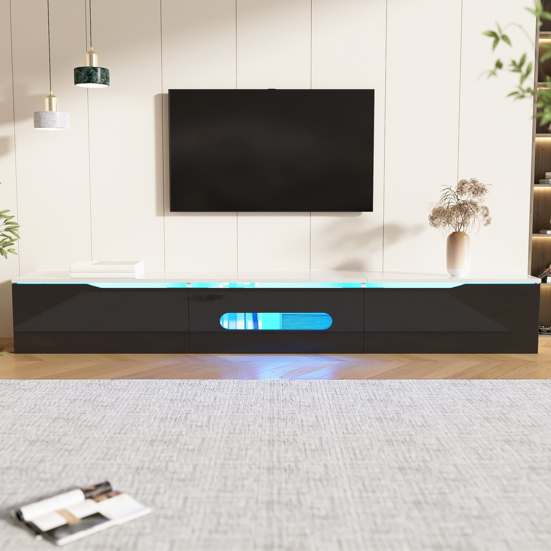 TV Cabinet 180cm High-Gloss LED Wall-Mountable Black/White