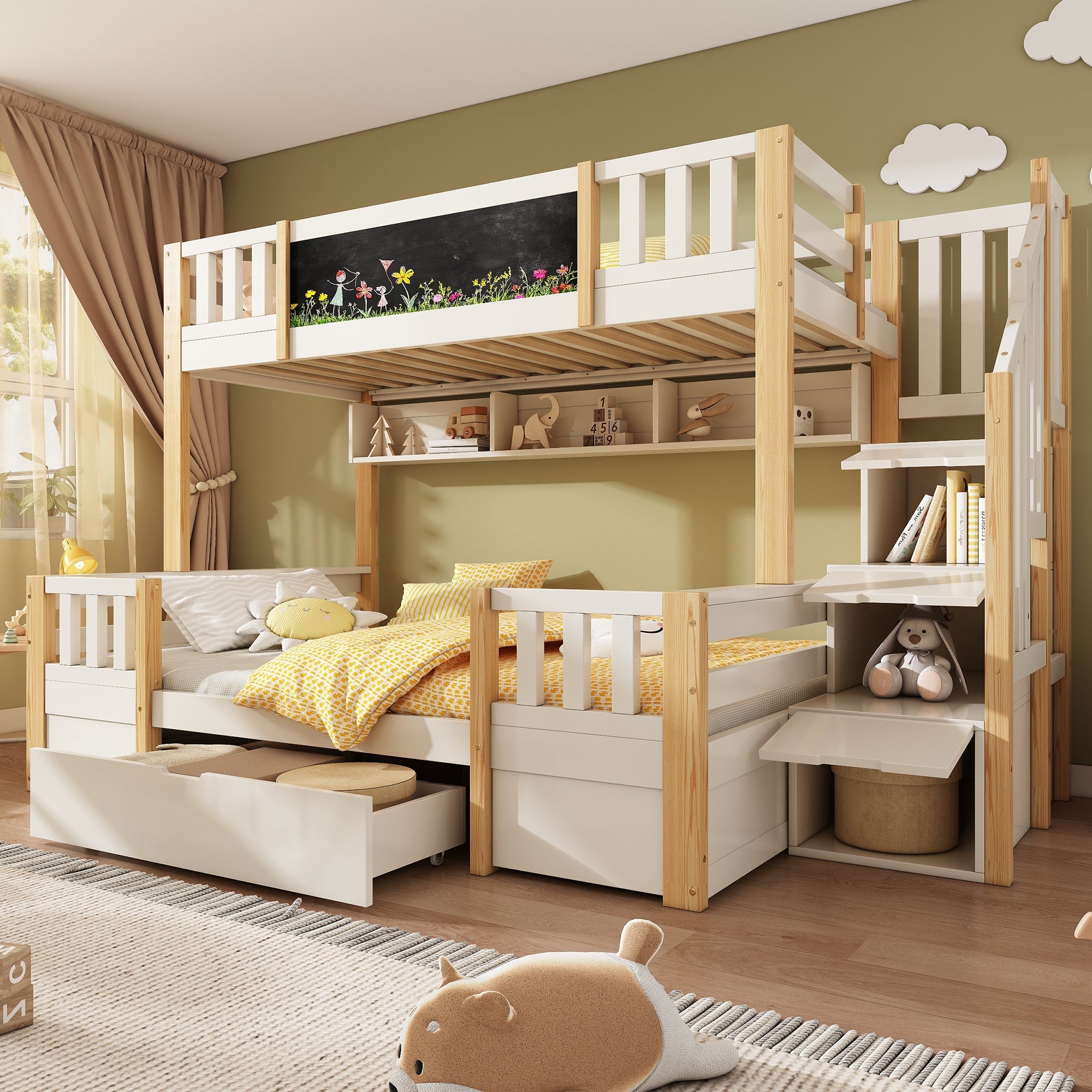 Bunk Bed for 3 Children with Storage Stairs and Chalkboard, White Natural Solid Wood