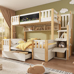 Bunk Bed for 3 Children with Storage Stairs and Chalkboard, White Natural Solid Wood