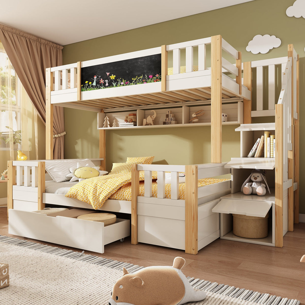 Bunk Bed for 3 Children with Storage Stairs and Chalkboard, White Natural Solid Wood
