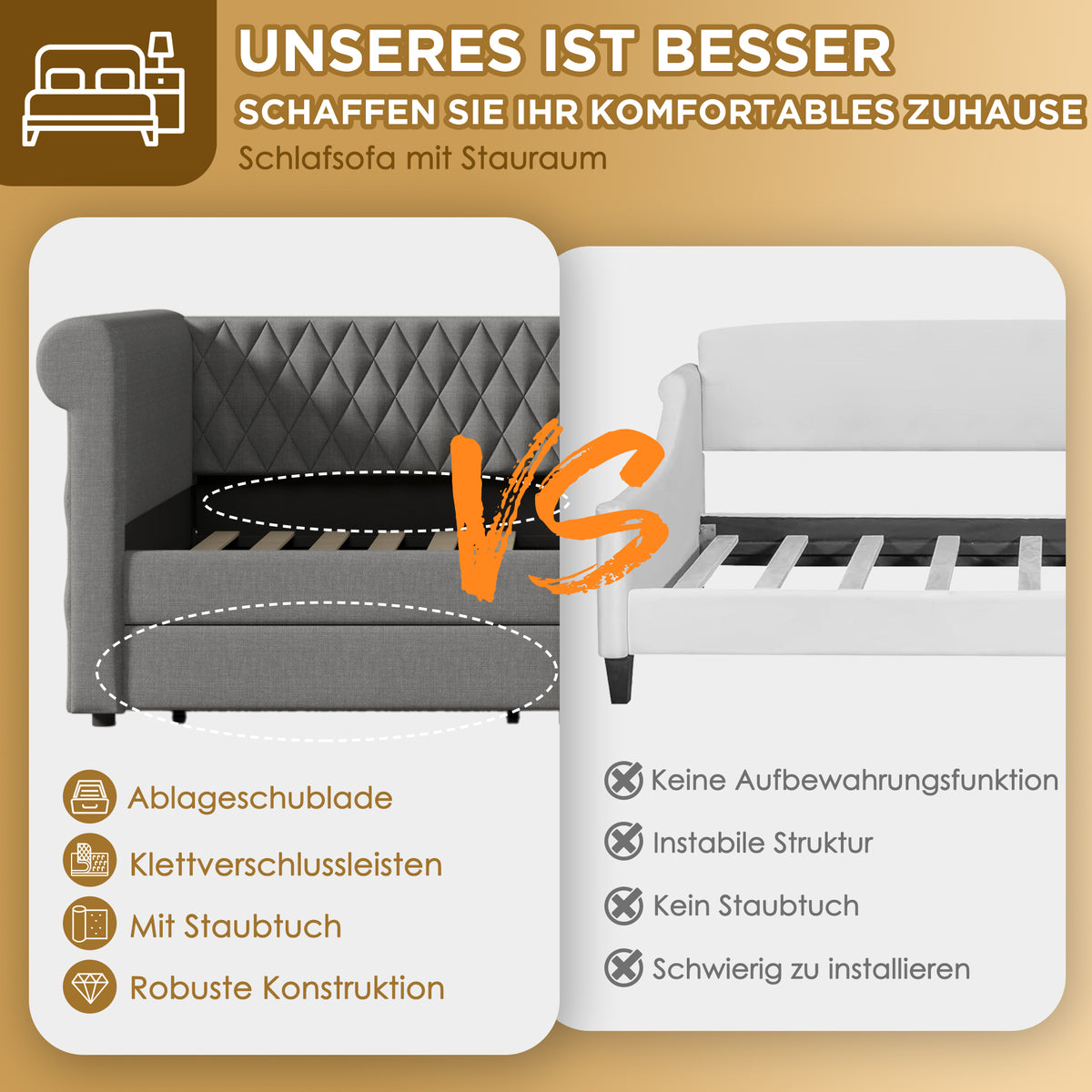 Vintage Upholstered Daybed 90x200cm with 2 Drawers, Grey Linen