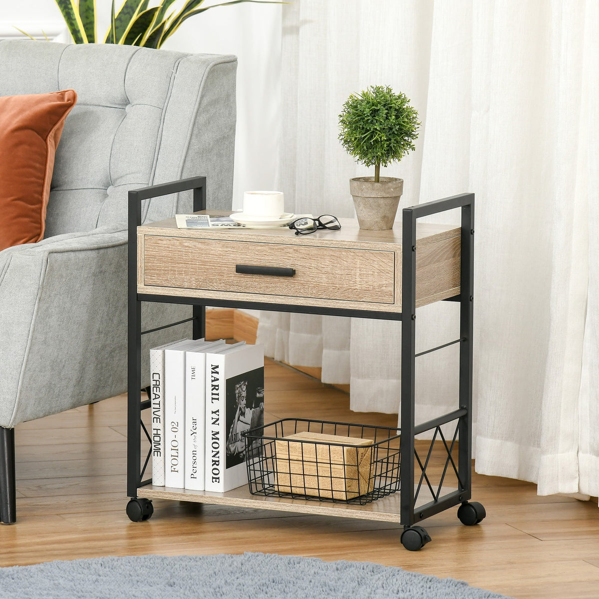Side Table Serving Cart with Wheels, Drawer Storage, Natural Wood