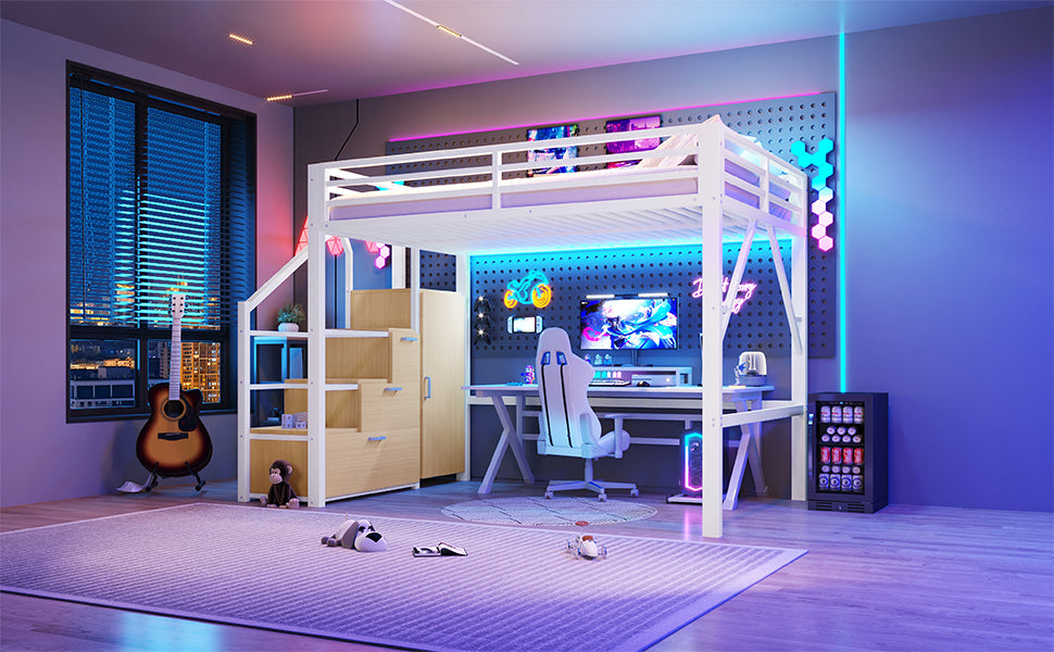 Loft Bed 140x200cm with Storage & Wardrobe in White Metal