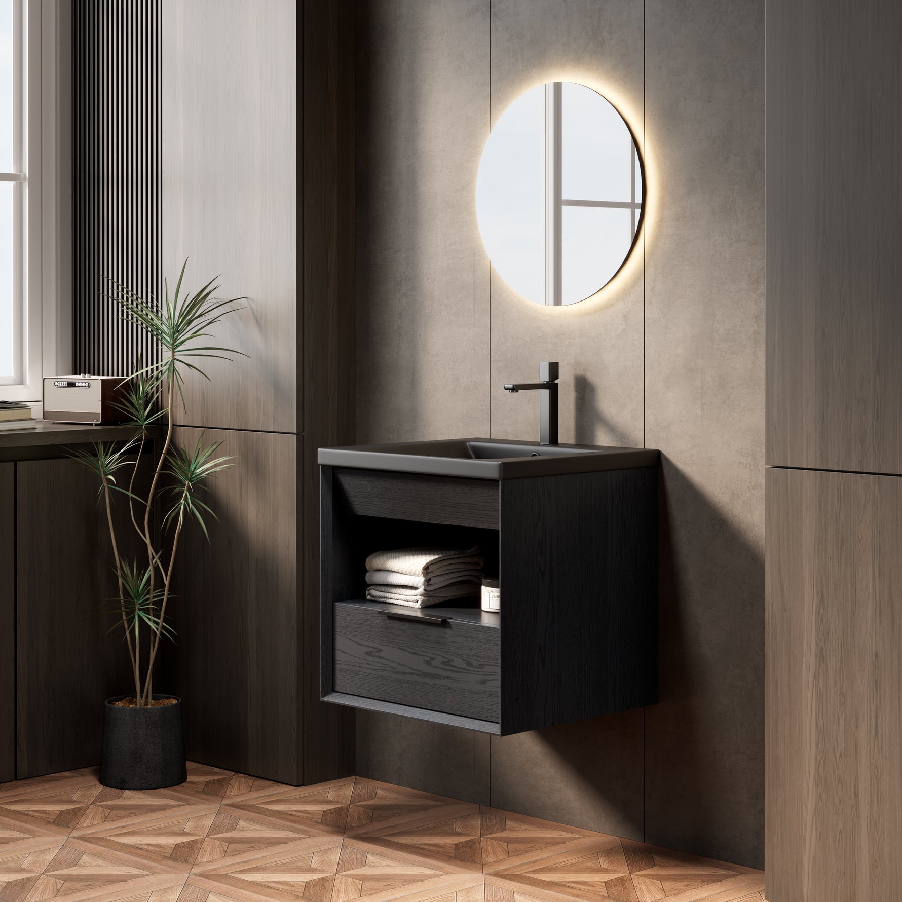 Floating Bathroom Vanity Unit with Ceramic Sink and Storage Drawer, Black Wood Grain