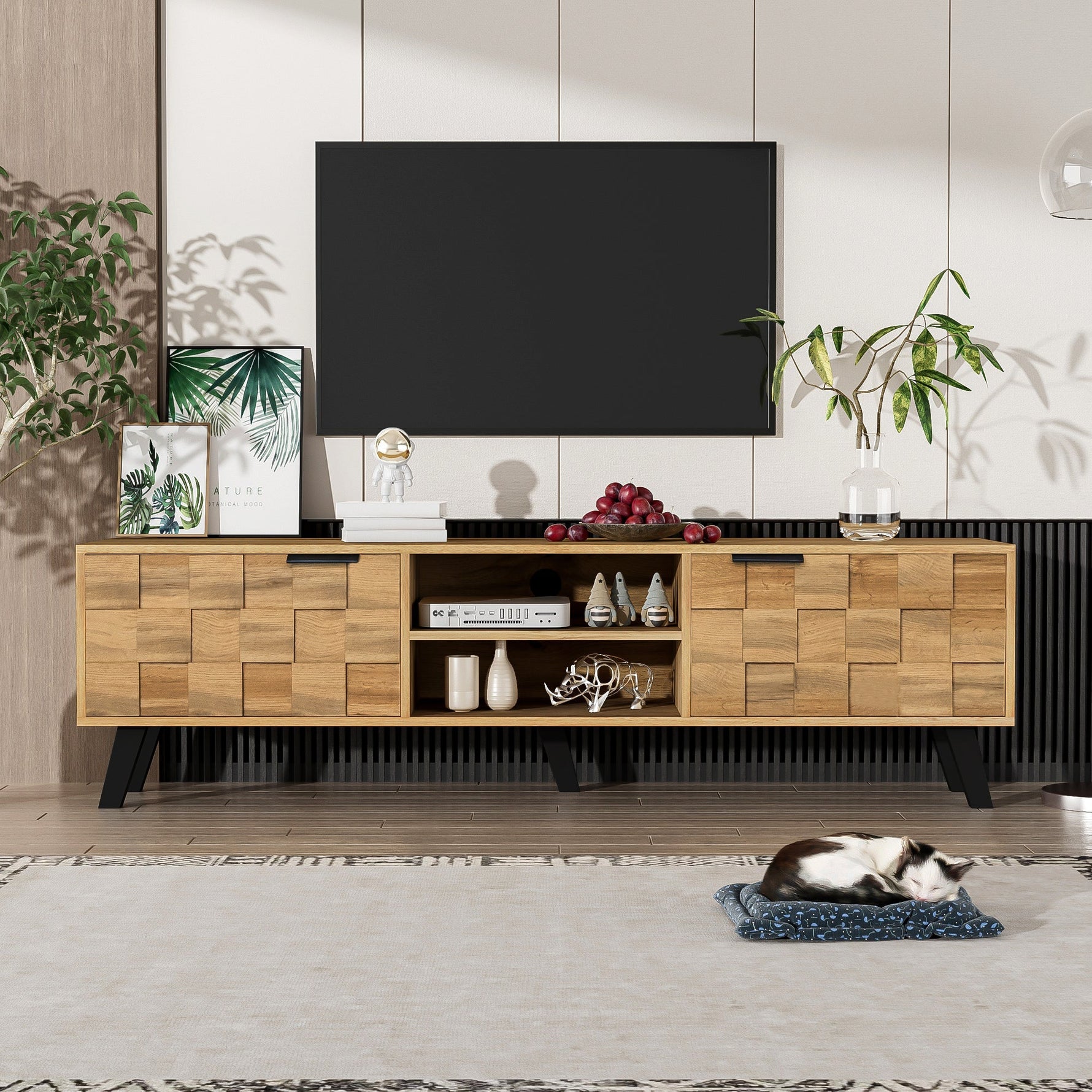 Modern TV Cabinet with 2 Doors, 2 Open Compartments - 160.5 x 35.5 x 45 cm