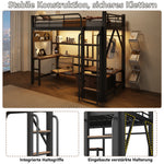 Loft Bed 90x200 with Desk, Shelves & LED Light, Black Iron Frame