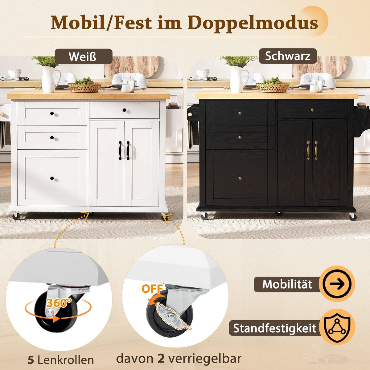 Mobile Kitchen Island, Extendable Dining Table Multifunctional Drawers, White