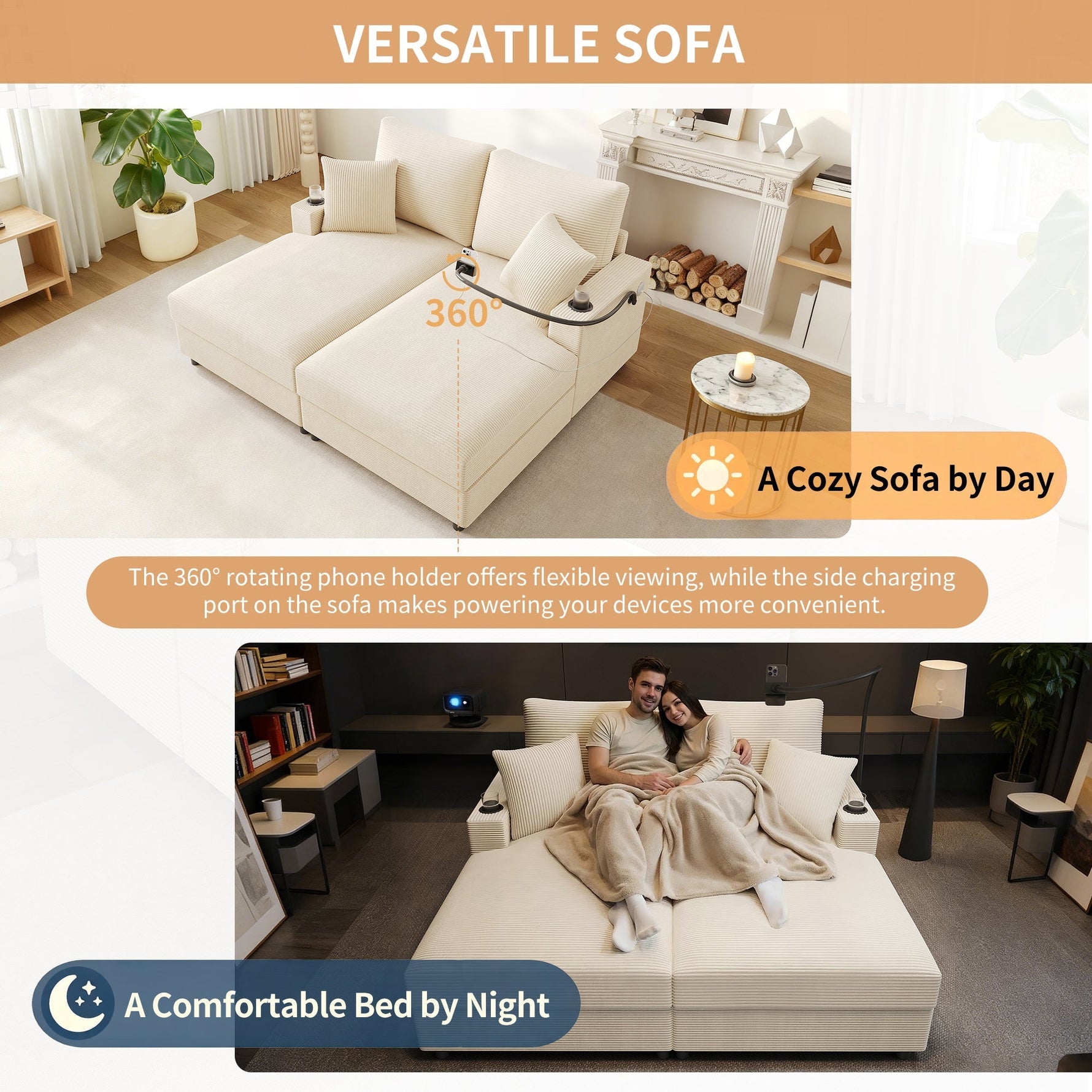 Double Sofa Bed with Sleeping Function, USB Port & Cup Holder - Beige