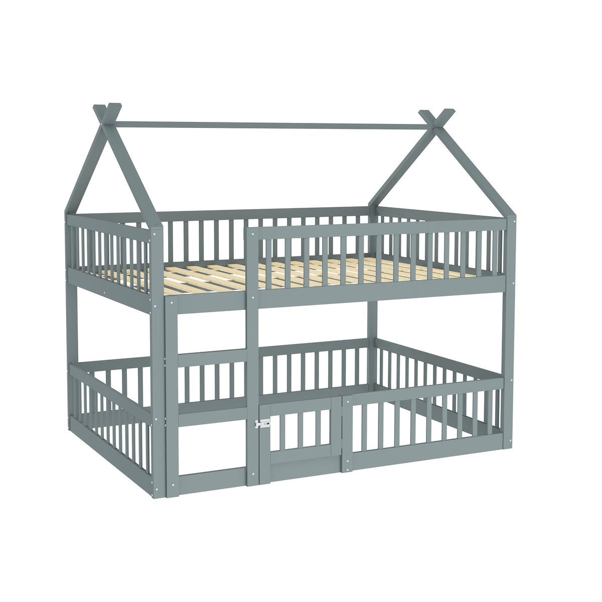 Bunk Bed, 140x200cm Family Bed with Stairs, Solid Wood, Grey