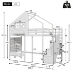 Bunk Bed with Storage Stairs and Fall Protection, 90x200cm, White Solid Wood