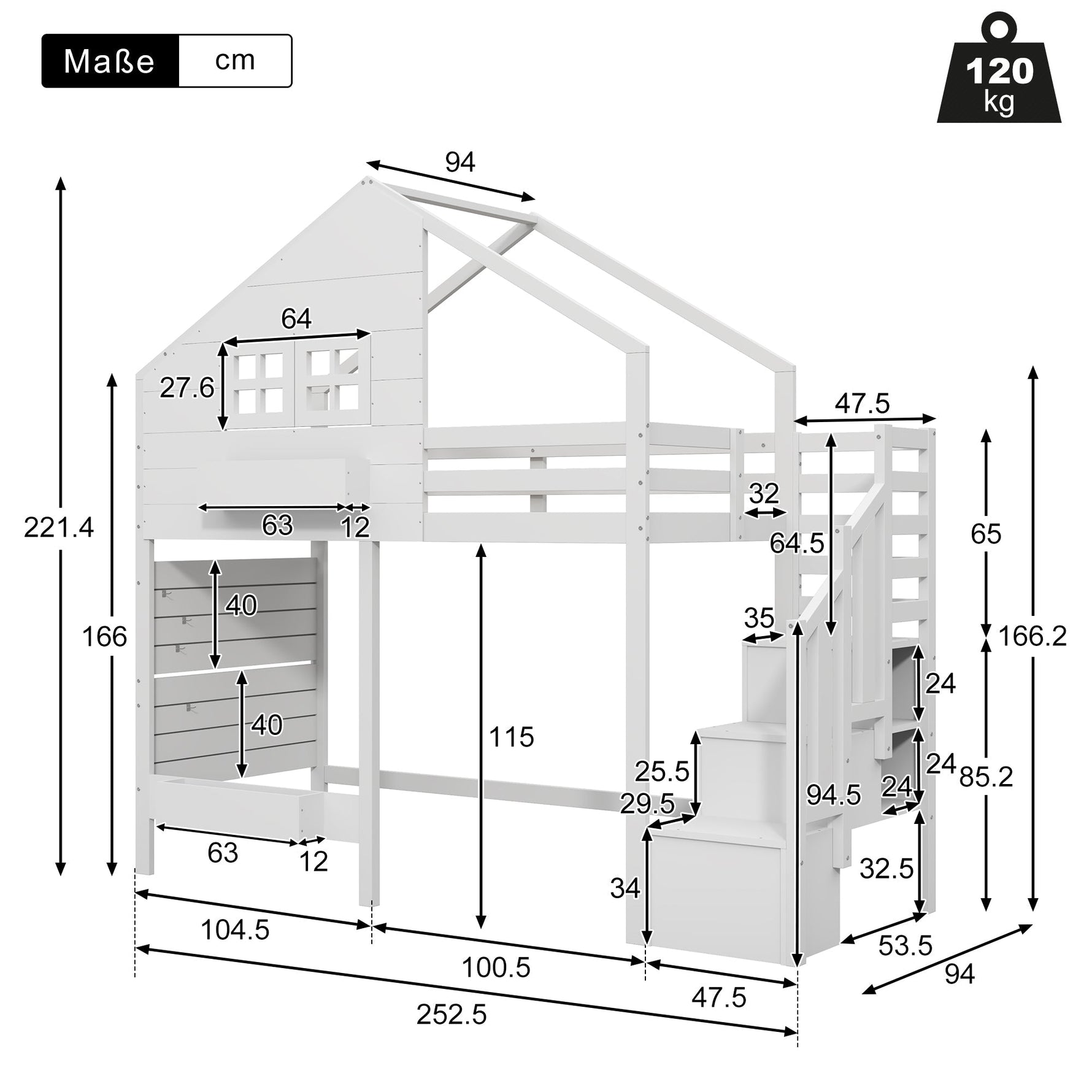 Bunk Bed with Storage Stairs and Fall Protection, 90x200cm, White Solid Wood
