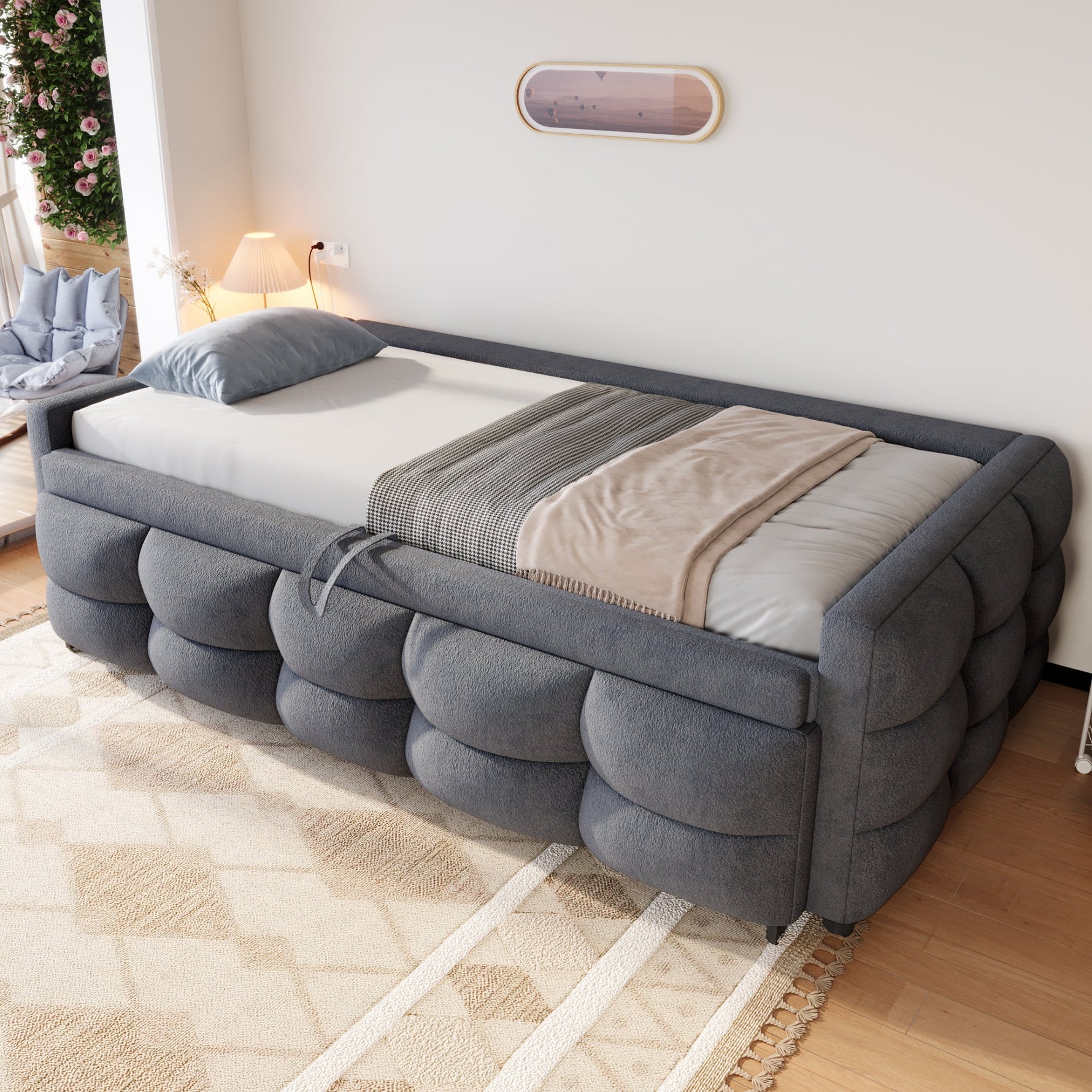 Extendable Upholstered Sofa Bed with Slatted Base and Teddy Velvet Fabric, Grey