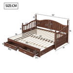 Sofa Bed, Pull-Out 90/180*190cm with Drawers & Slatted Frame, Solid Pinewood Walnut