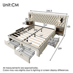 Bedroom Set, Upholstered Double Bed with 2 Nightstands & 4 Drawers, USB Reading Light, Beige Velvet