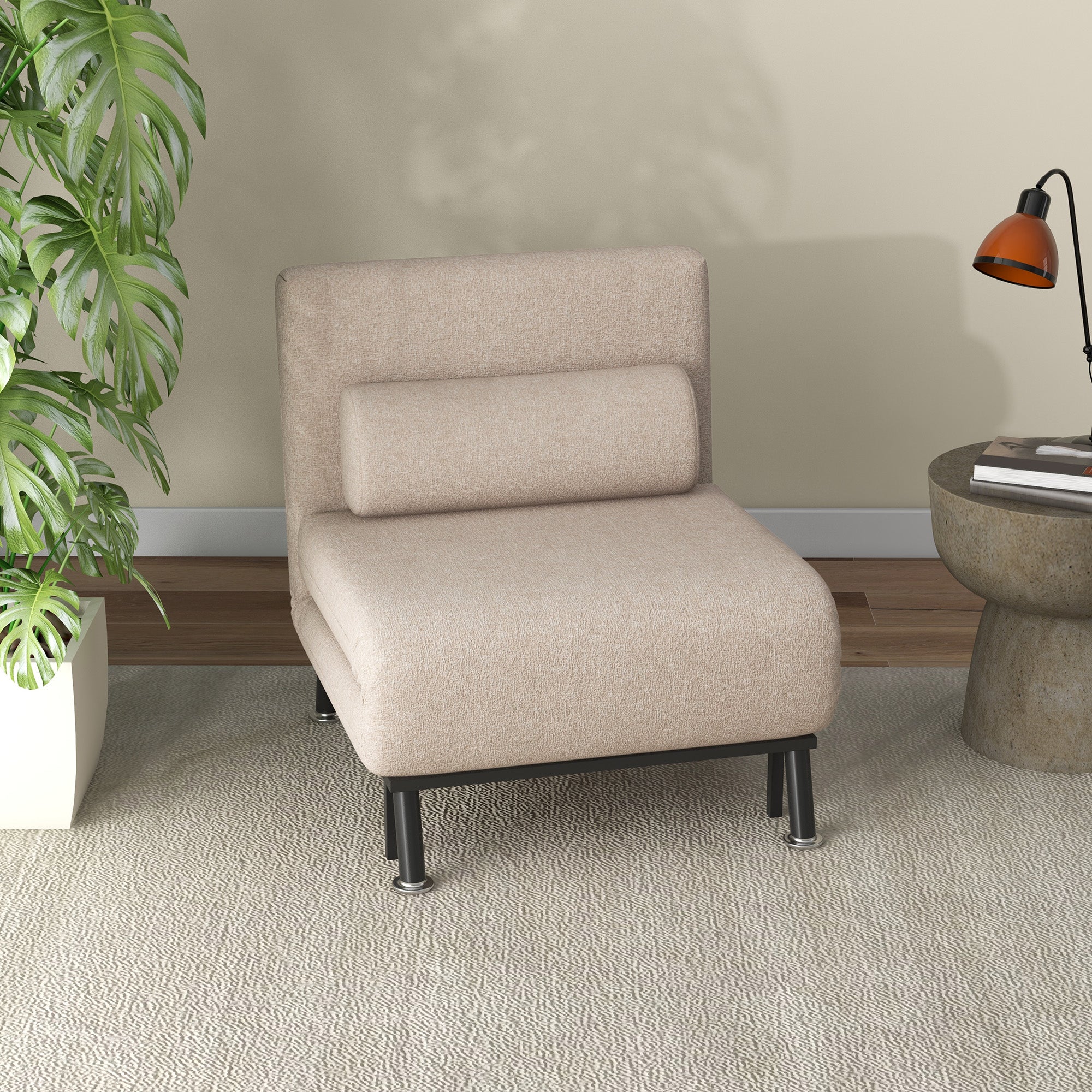 Sleeper Chair Folding Recliner with Bed Function, Adjustable Backrest, Beige Linen Look