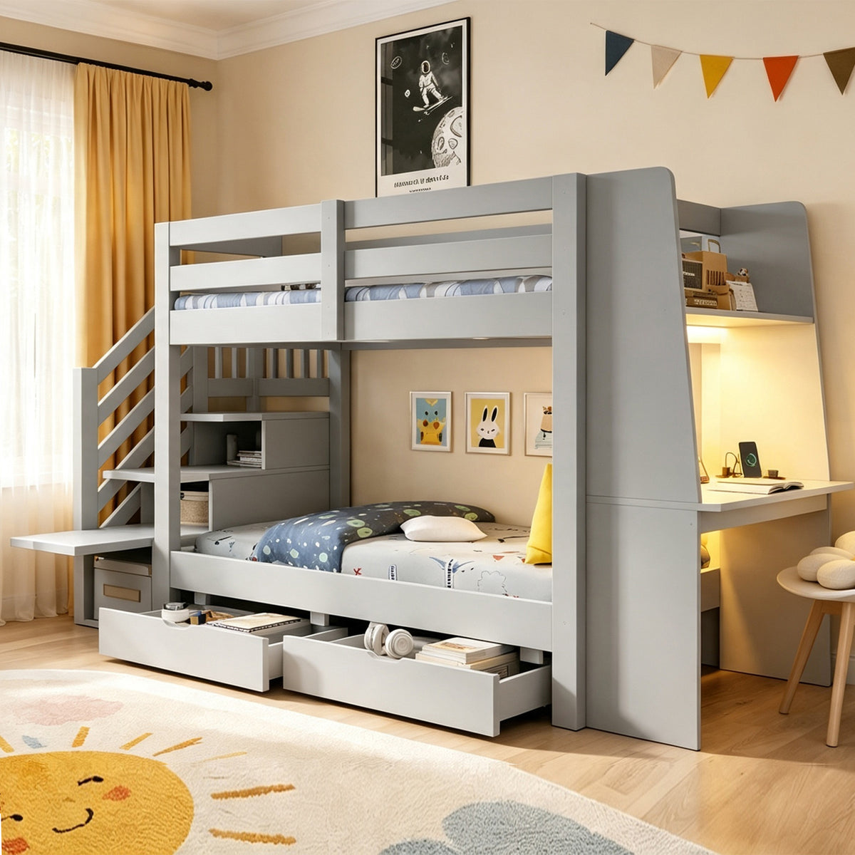 Kids Bunk Bed 90x200cm with Desk, LED & Drawers, Wooden Grey