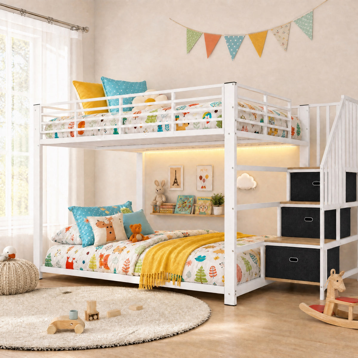Bunk Bed 140x200 cm with Stairs, Storage & LED Light, White Metal