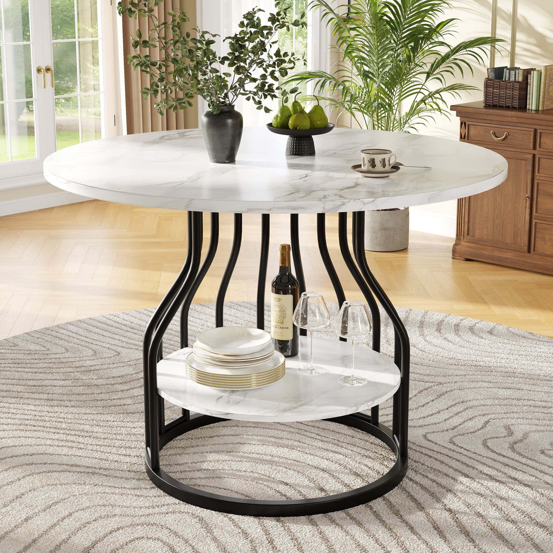 Dining Set 5-Piece Round 80cm Marble Top 4 Chairs - Grey Velvet