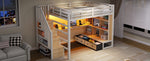 Metal Loft Bed 140x200 with Desk, Shelves & Storage - White
