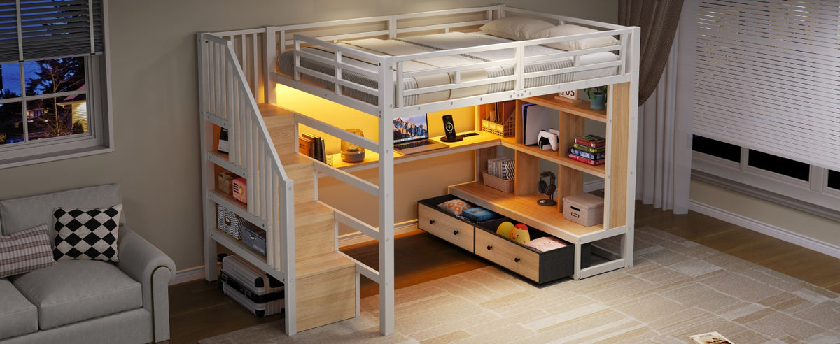 Metal Loft Bed 140x200 with Desk, Shelves & Storage - White