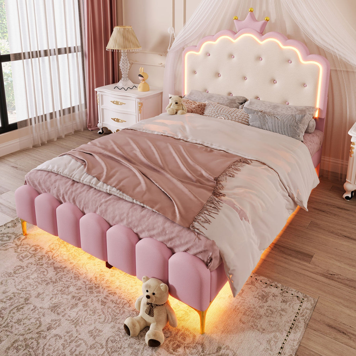 Upholstered Bed 140x200cm Princess Shape Ambient Light PU Pink
