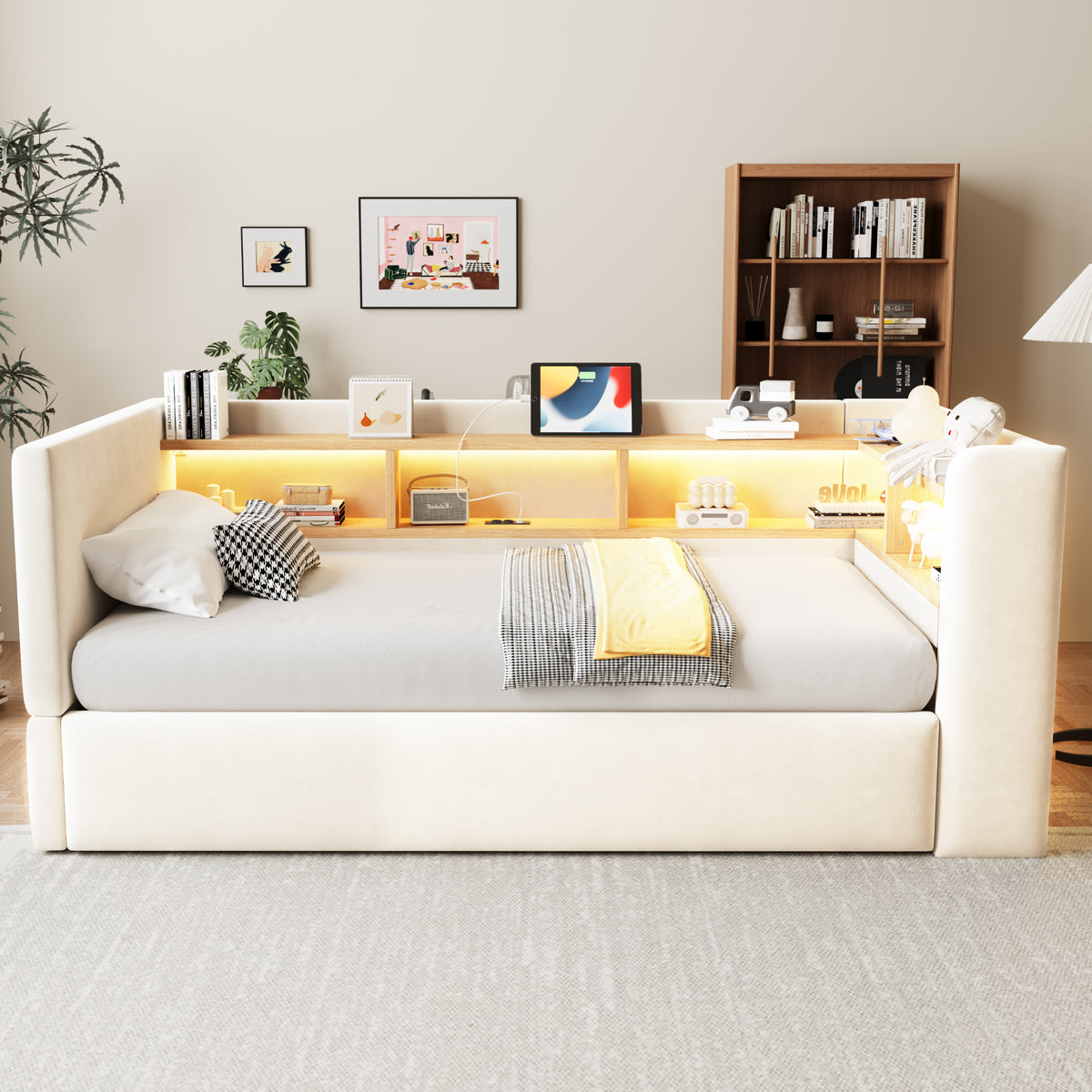 Upholstered Sleeper Sofa 90x190cm with Storage & LED, Beige