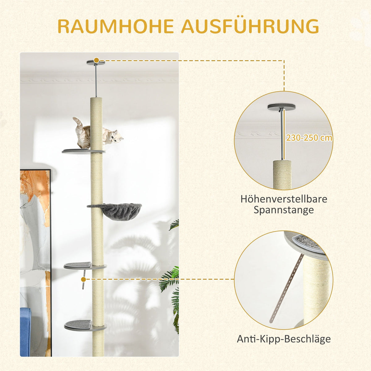Cat Tree, Ceiling Height Adjustable with Scratching Posts, Grey Cream White