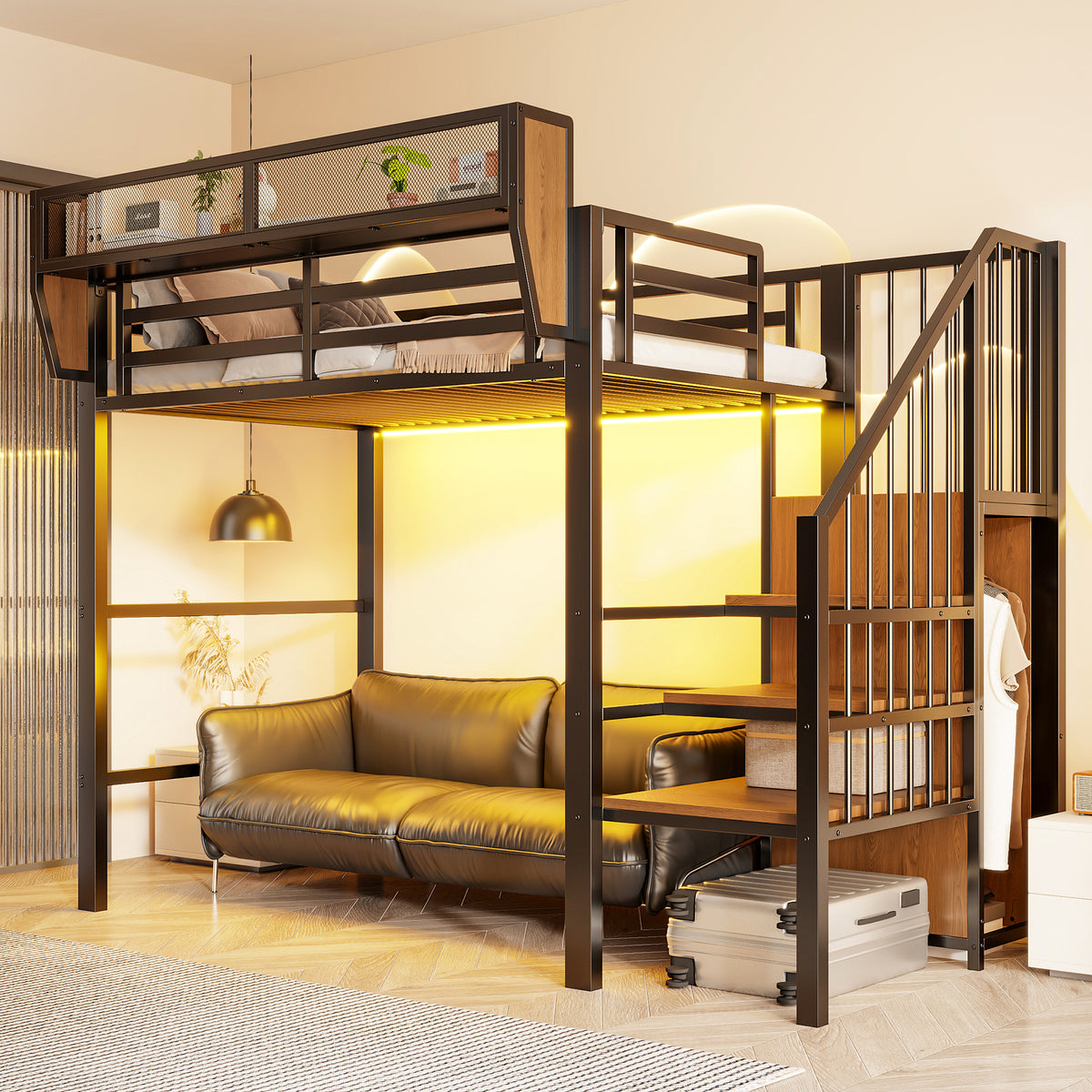 Loft Bed 90x200 with LED Light & Storage Ladder, Black Metal