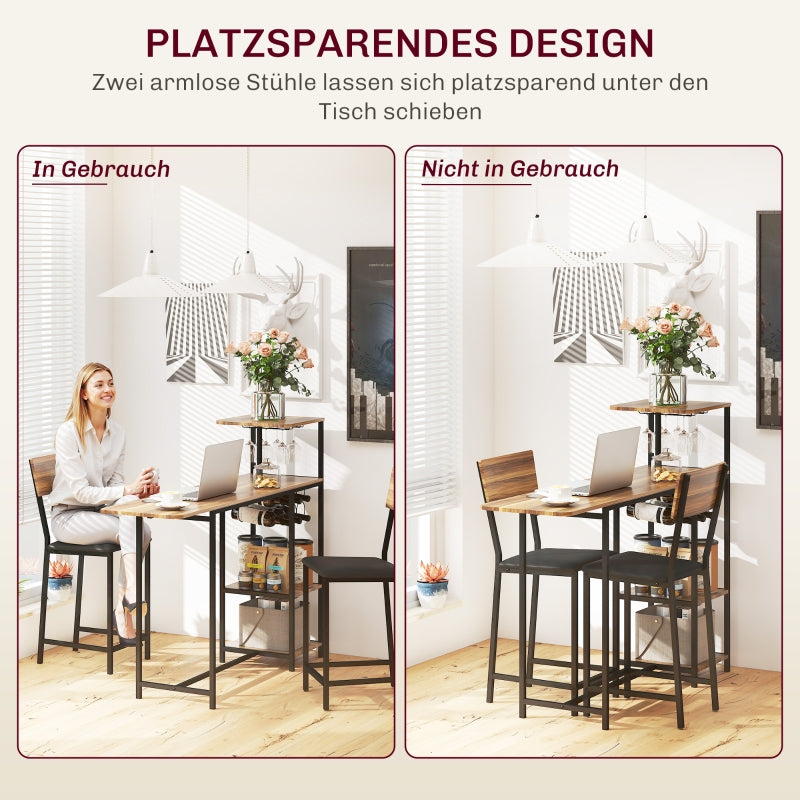 Bar Table with Stool Set, 3-Piece Folding Kitchen Table with Wine Rack, Steel Frame, Brown