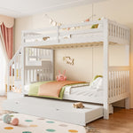 Bunk Bed with Stair Shelf and Pull-out Trundle Bed, 90x200cm, White