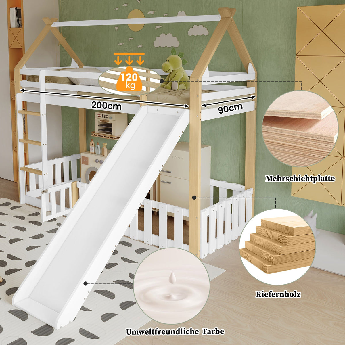 Bunk Bed with Slide & Ladder, Roof Shape, Pine + MDF + Plywood, White + Natural