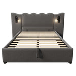 Upholstered Double Bed 160x200, Reading Lamp & USB-C, Storage, Solid Wood & Metal, Grey Linen