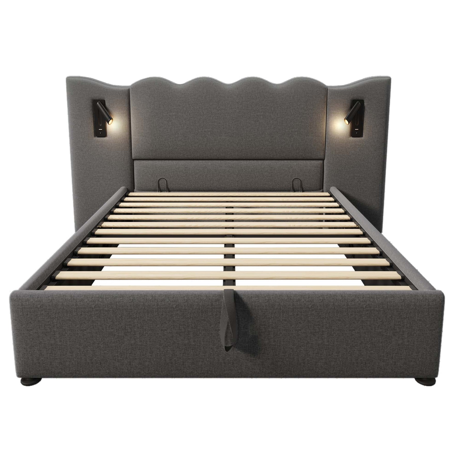 Upholstered Double Bed 160x200, Reading Lamp & USB-C, Storage, Solid Wood & Metal, Grey Linen