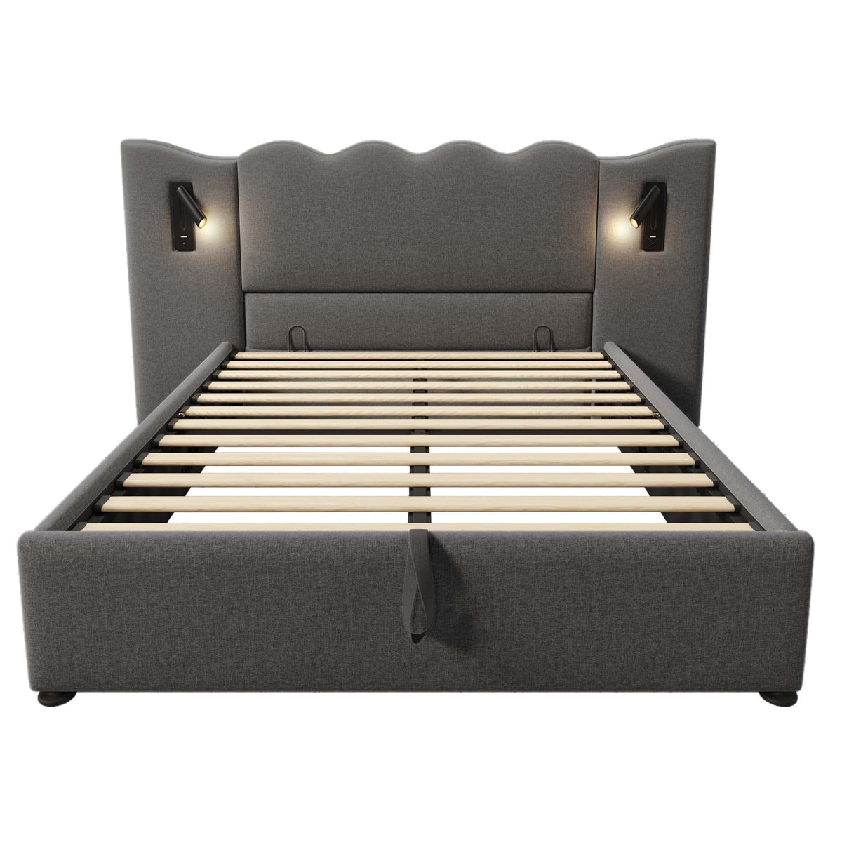 Upholstered Double Bed, 160×200, Reading Lamp, USB Type-C, Storage, Solid Wood & Metal, Grey Linen