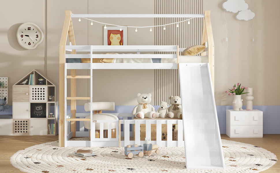 Bunk Bed with Slide & Ladder, Roof Shape, Pine + MDF + Plywood, White + Natural