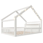 Children's Flatbed with House Rail and LED Beads, 140 x 190 cm, Pine Wood, White