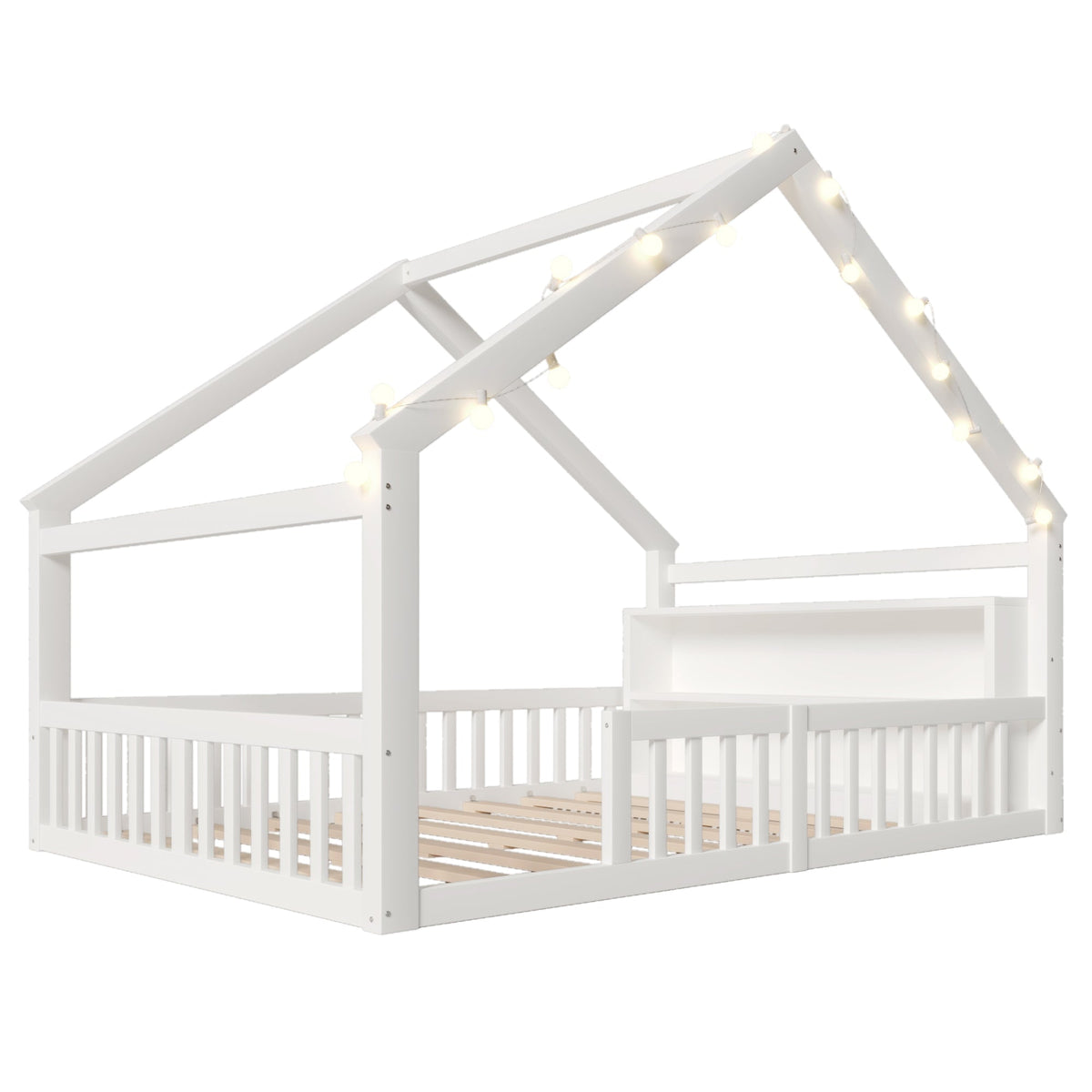 Children's Flatbed with House Rail and LED Beads, 140 x 190 cm, Pine Wood, White