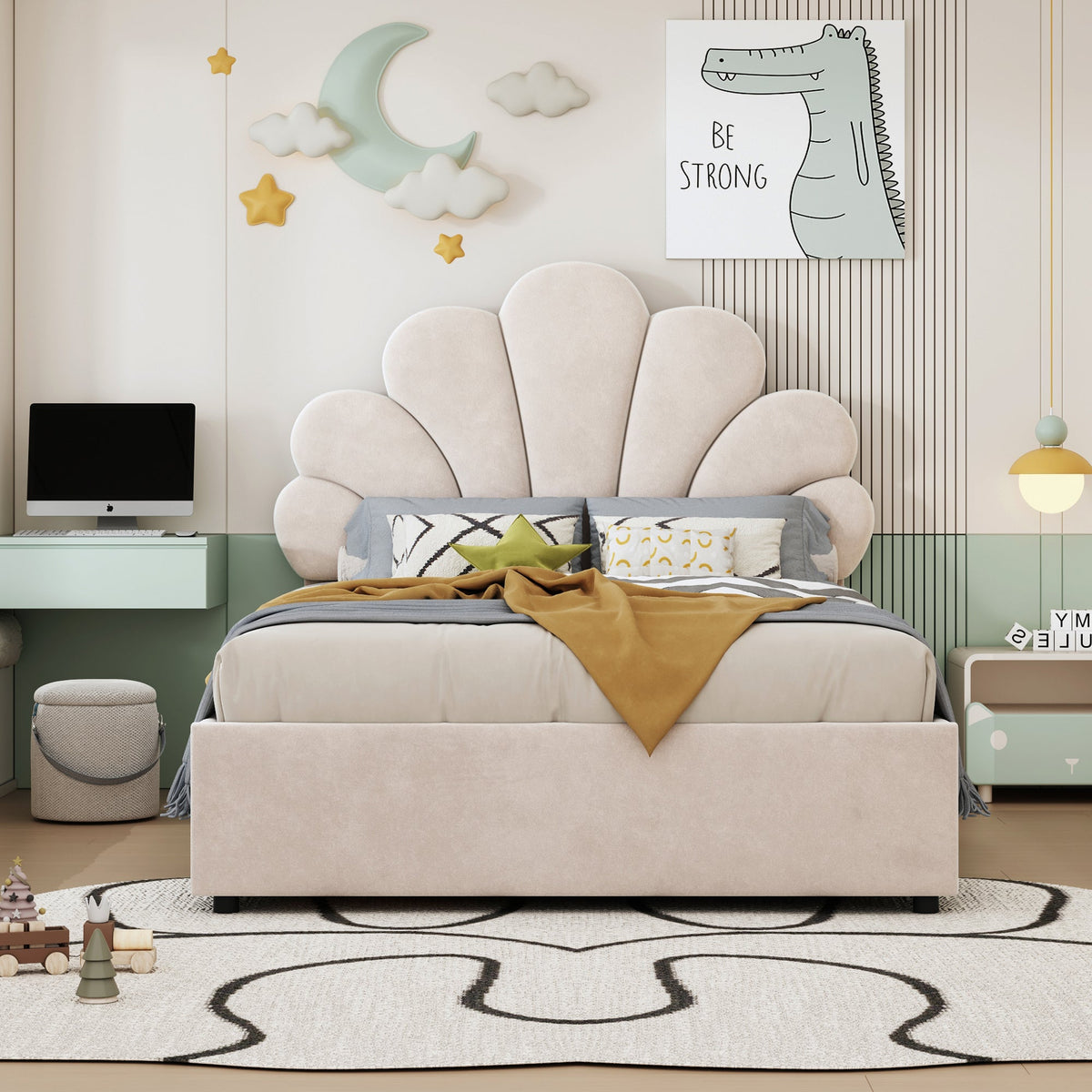 Upholstered Children's Bed 90x200cm Floral Hydraulic Storage Velvet Beige