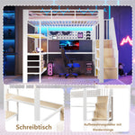 Loft Bed 140x200cm with Desk & Storage, White Metal