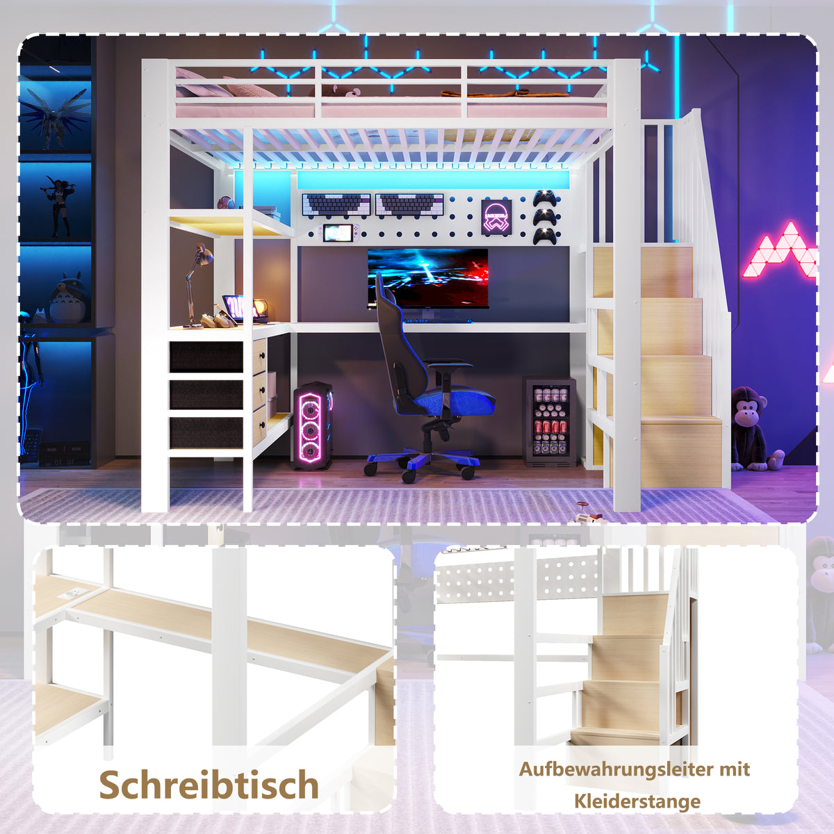 Loft Bed 140x200cm with Desk & Storage, White Metal