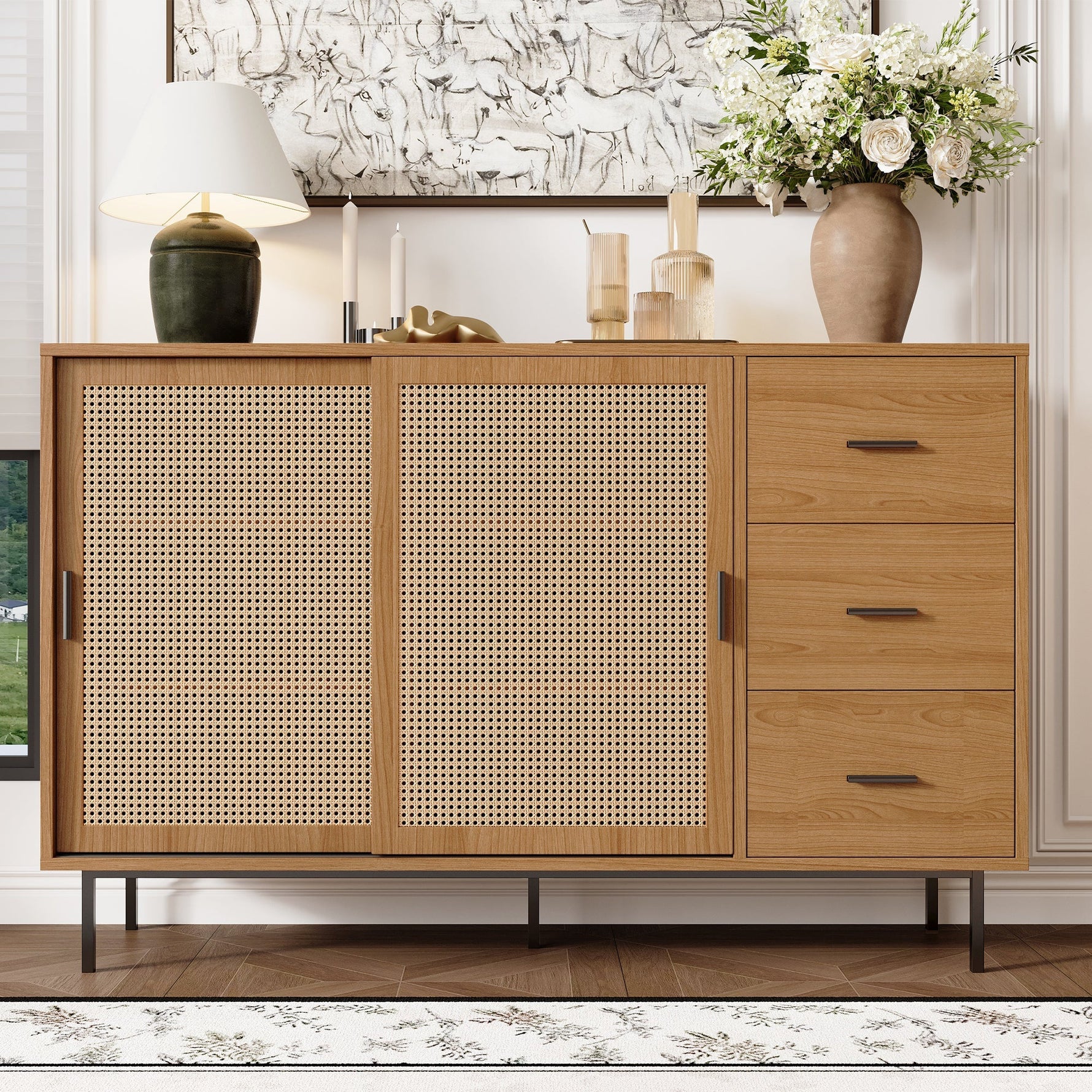 Country-style sideboard with two sliding doors and three drawers, adjustable shelves, in wood.