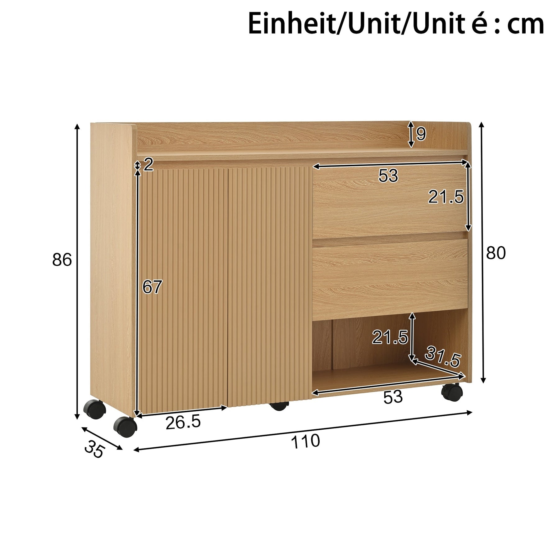 Shoe Cabinet, Movable with Adjustable Shelves, Soft-Closing Hinge, Natural MDF