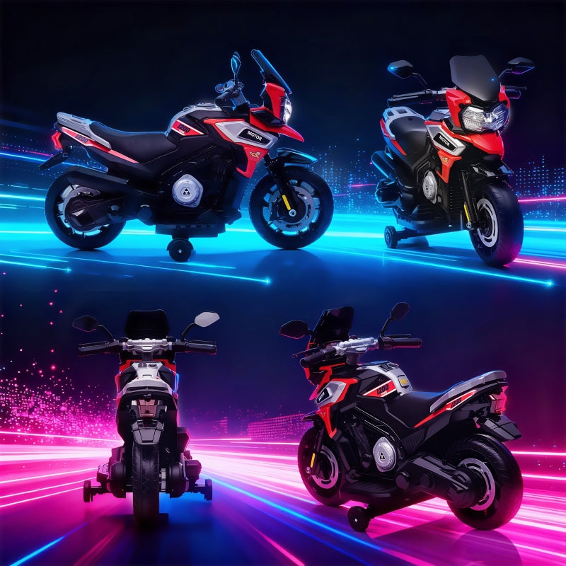 Electric Kids Motorcycle with Training Wheels, Lights and Music, Red