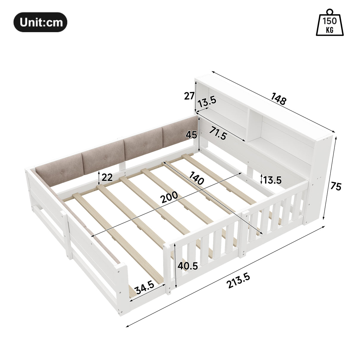 Flatbed Kids Bed 140x200cm with LED Light & Railings, White