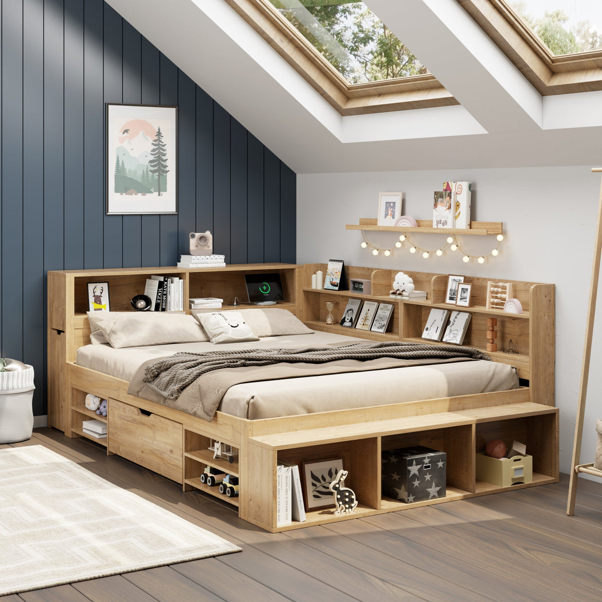 Children's Storage Bed 140x200cm Multifunctional Wireless Charging Drawers & Shelves - Natural