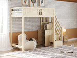 Solid Wood Loft Bed 90 x 200 cm with Safety Door and Storage Ladder, Wood Color