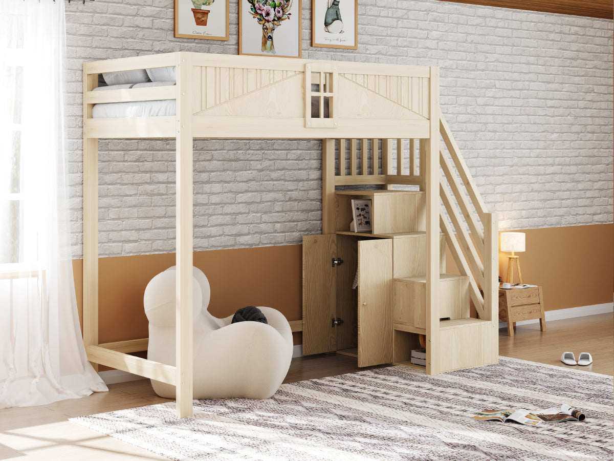 Solid Wood Loft Bed 90 x 200 cm with Safety Door and Storage Ladder, Wood Color
