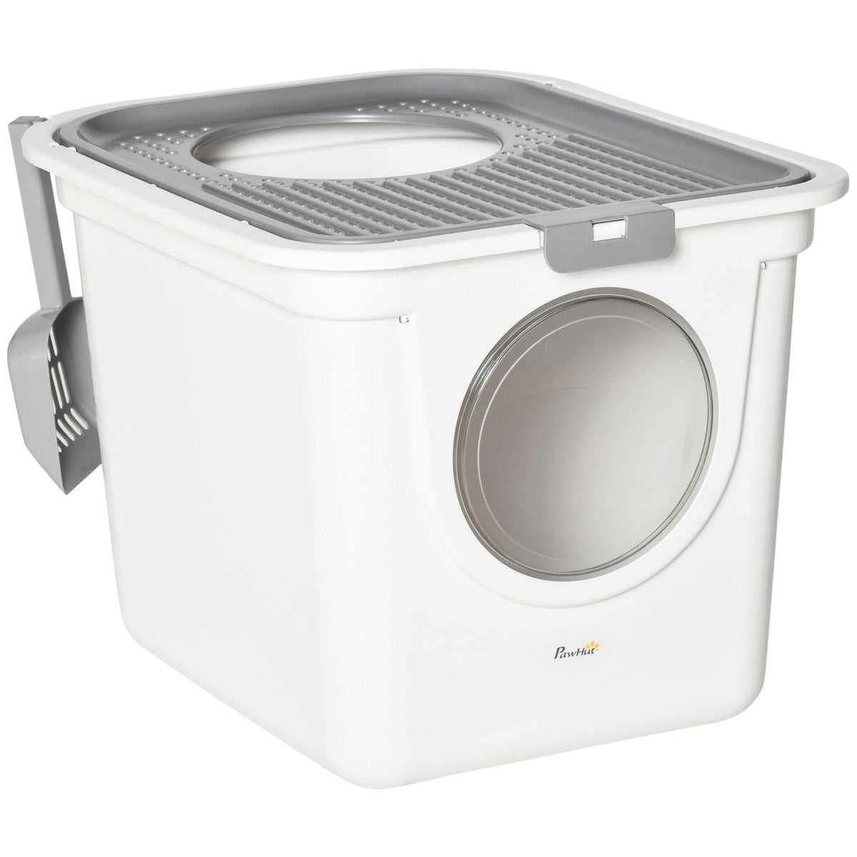 Cat Litter Box Indoor, Lid & Scoop, Grey+White Plastic